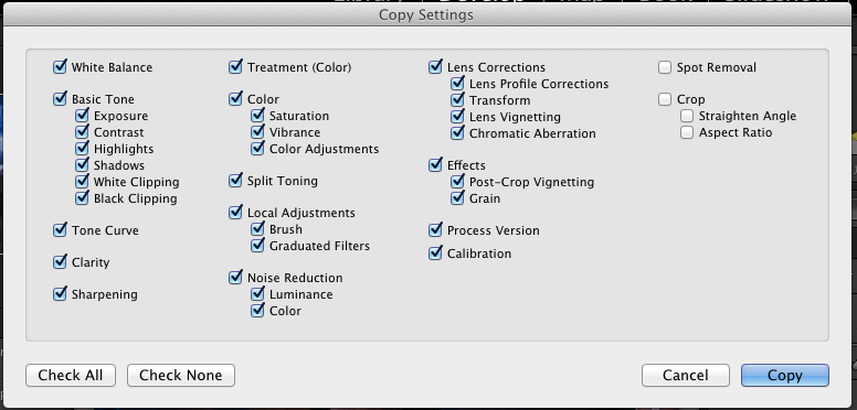 When the copy settings dialog pops up, you have a list of settings. Whatever settings you leave checked are the ones that will be copied from our edited image. You can selectively choose which settings will be copied, or press "Check All" to copy them all.