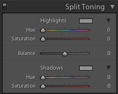 The split toning panel has three sections: highlights, balance and shadows. For the highlights and shadows areas, there are two sliders each: hue and saturation. Hue controls the color we want to add, and saturation controls how much of it we want to add.