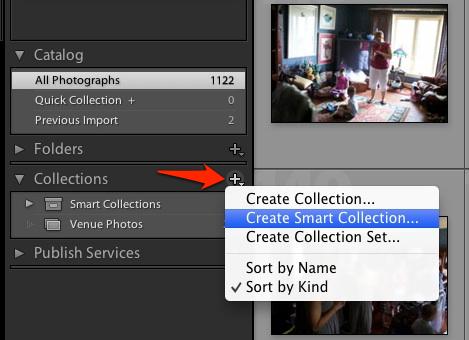 To get started with smart collections, enter the Library module. On the left side of Lightroom, press the plus button next to collections and choose New Smart Collection.